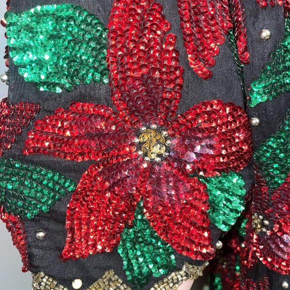 VTG Laurence Kazar Women's Black Sequined Beaded Poinsettia Christmas Top 2X NWT - Picture 3 of 16